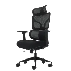 Oqonos Cherg 010 Silla de Oficina Ergonomica con Reposacabezas Cervical Ajustable, Respaldo y Asiento de Malla Elastica, Reposabrazos 4D, Asiento Deslizable Ergonomico Moldeado y Ruedas de Silicona - Negro