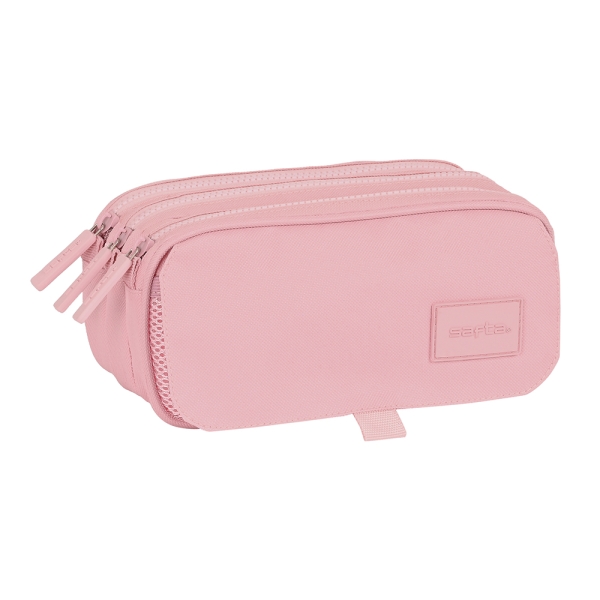 Safta Basic Portatodo - 3 Compartimentos Con Cremalleras - Bolsillo Frontal - Cinta Adaptable - 1.72L - 215X80X100Mm - Color Rosa