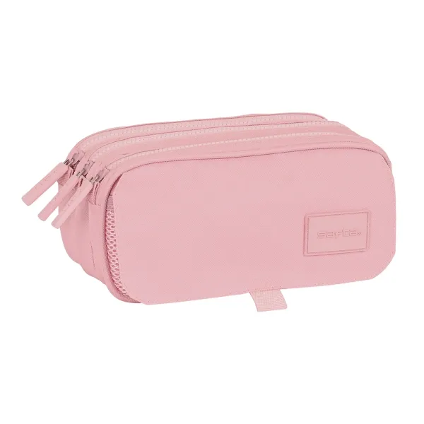 Safta Basic Portatodo - 3 Compartimentos Con Cremalleras - Bolsillo Frontal - Cinta Adaptable - 1.72L - 215X80X100Mm - Color Rosa