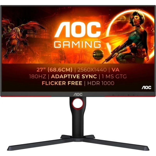 Aoc G3 Monitor 27" Mini Led Va Qhd Hdr1000 180Hz - Respuesta 1Ms - Ajustable En Altura, Giratorio E Inclinable - Angulo De Vision 178° - Hdmi, Displayport, Audio - Montaje Vesa 100X100
