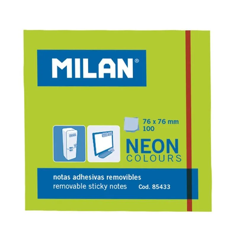 Milan Bloc Notas Adhesivas Removibles 100H 76X76 Verde Fluorescente
