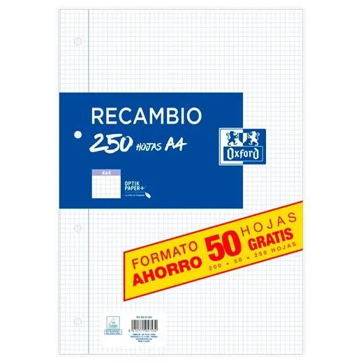 Oxford Recambio Paquete A4 200H + 50H Gratis 4X4 Con Margen