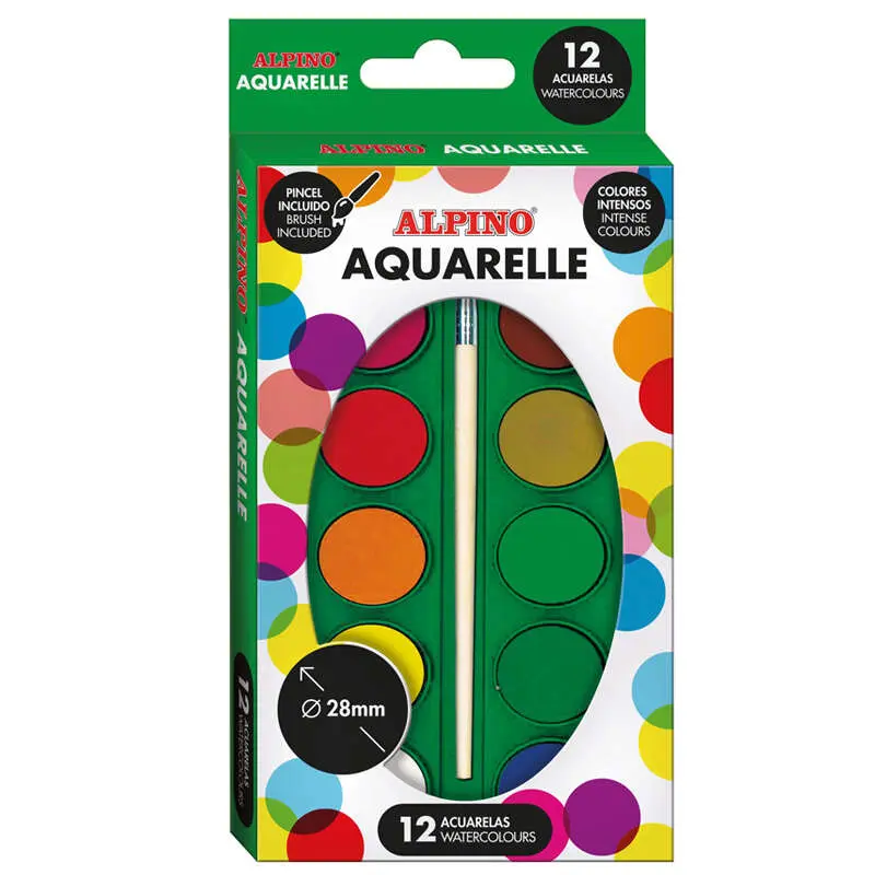 Alpino Pack de 12 Acuarelas 28mm Diámetro Colores Intensos con Pincel Surtido