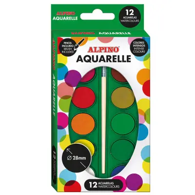 Alpino Pack de 12 Acuarelas 28mm Diámetro Colores Intensos con Pincel Surtido