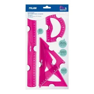 Milan Pack de 4 Reglas Flexibles y Resistentes en Color Rosa - Regla, Escuadra, Cartabón y Transportador