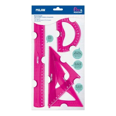 Milan Pack de 4 Reglas Flexibles y Resistentes en Color Rosa - Regla, Escuadra, Cartabón y Transportador