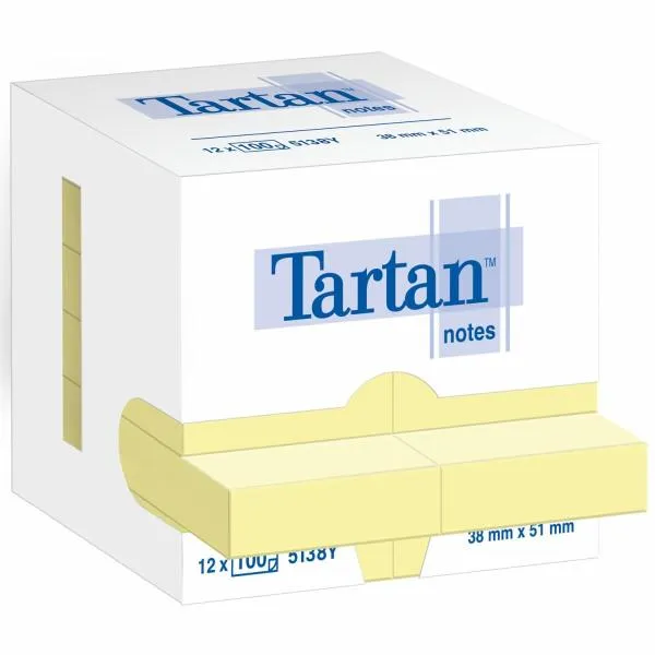 Tartan Pack De 12 Blocs De 100 Notas Adhesivas Reposicionables 51X38Mm - 100% Pefc - Color Amarillo Claro
