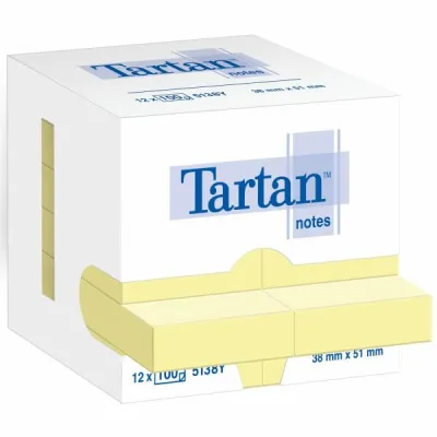 Tartan Pack de 12 Blocs de Notas Adhesivas Reposicionables 51x38mm Color Amarillo Claro