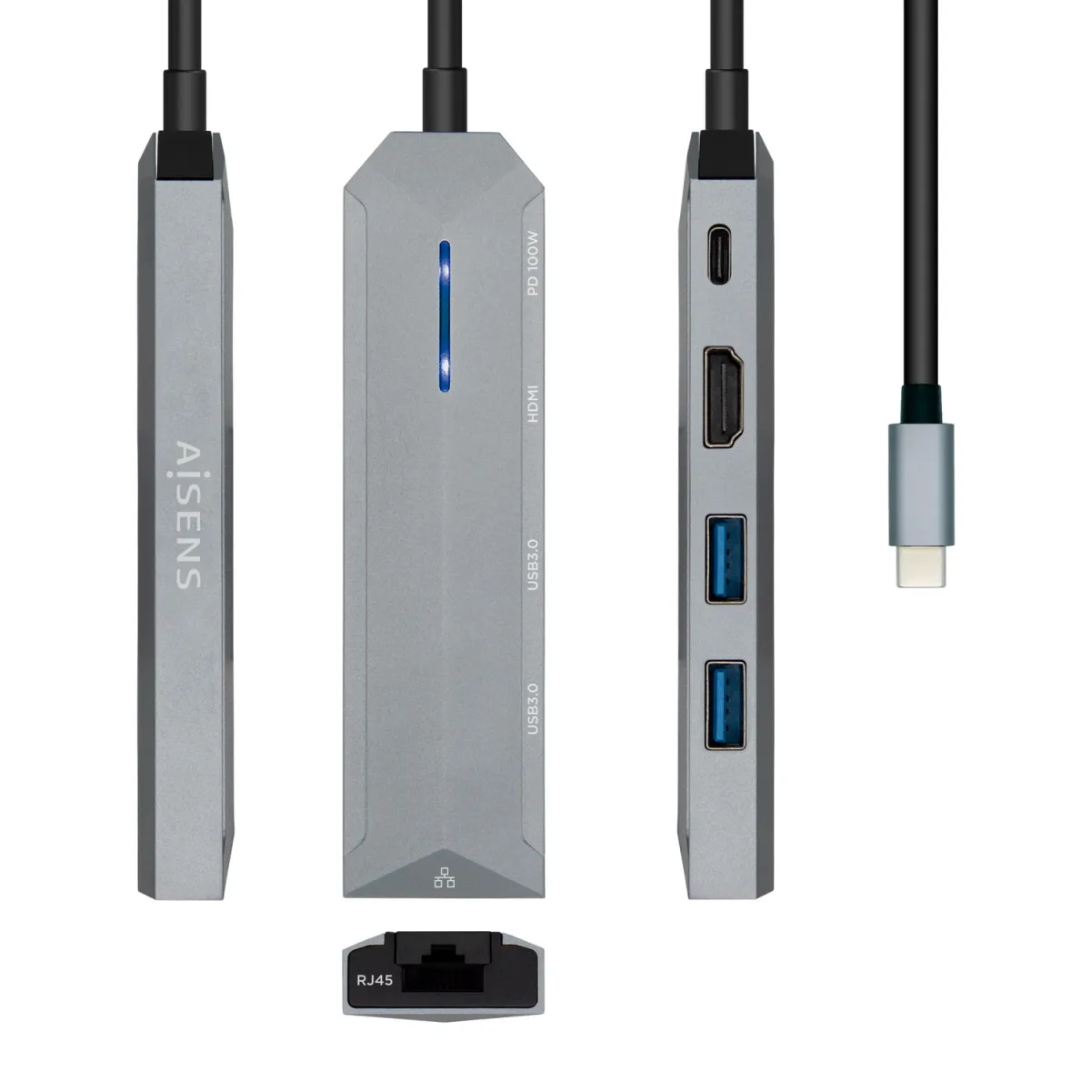 Aisens USB-C Dock 5 en 1 con HDMI, RJ45, 2xUSB y Power Delivery - 15cm - Gris