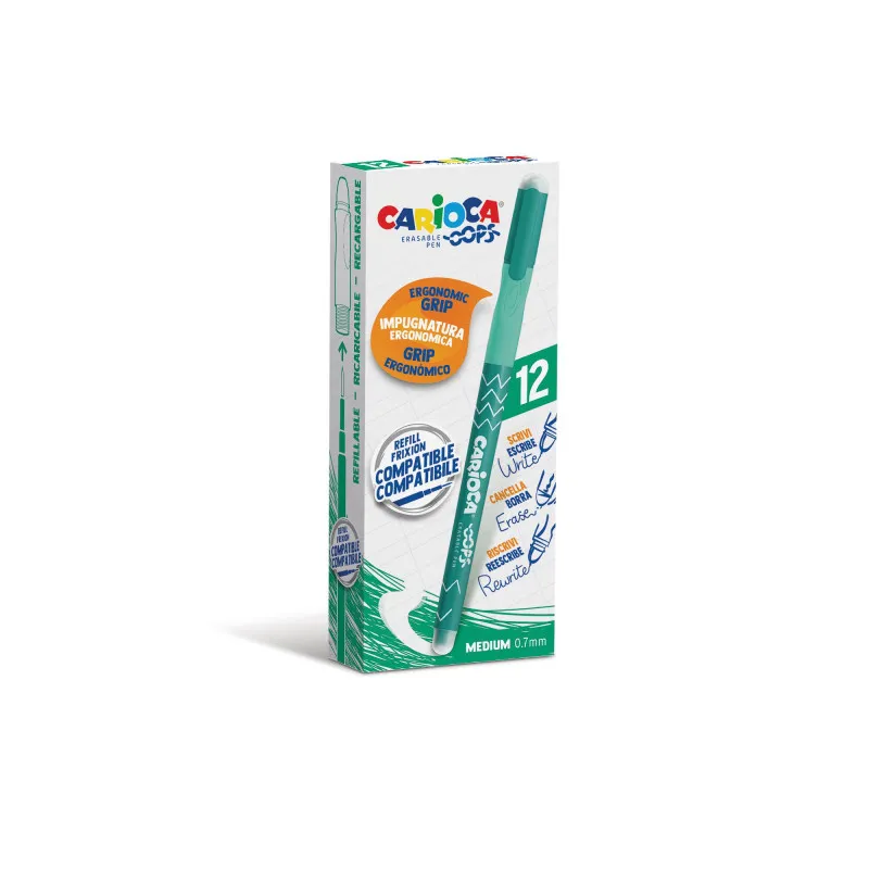 Carioca Oops Boligrafo Borrable - Tinta Termo Sensible - Empuñadura Ergonomica Triangular - Punta de Ø 0.7mm - Doble Goma - Recambios Compatibles - Color Verde
