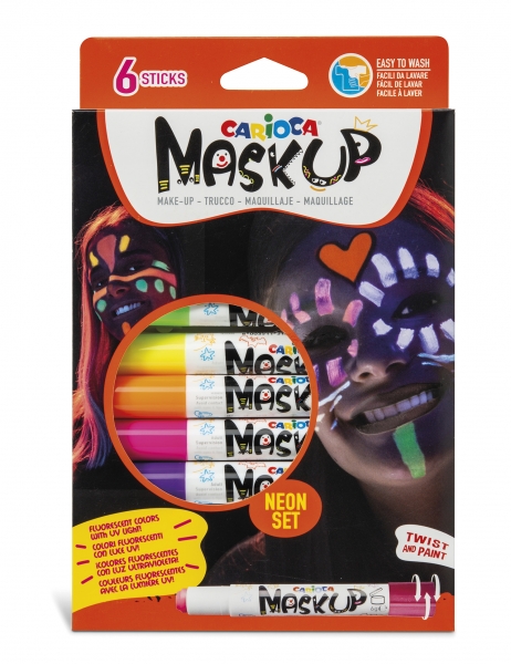 Carioca Mask Up Neon Pack De 6 Colores Para La Piel En Barra Neon - Ideales Para Fiestas - Fluorescentes Con Luz Ultravioleta - Brillantes Y Lavables - 2 Tutoriales Incluidos - Colores Surtidos