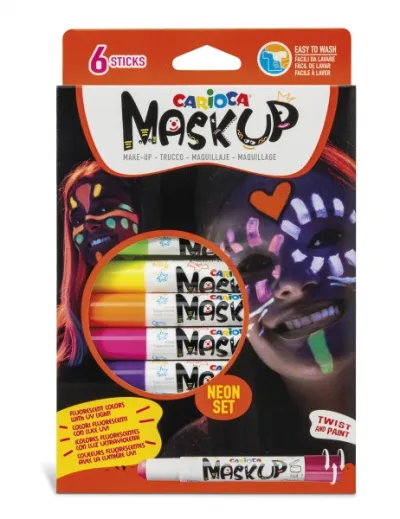 Carioca Mask Up Neon Pack De 6 Colores Para La Piel En Barra Neon - Ideales Para Fiestas - Fluorescentes Con Luz Ultravioleta - Brillantes Y Lavables - 2 Tutoriales Incluidos - Colores Surtidos