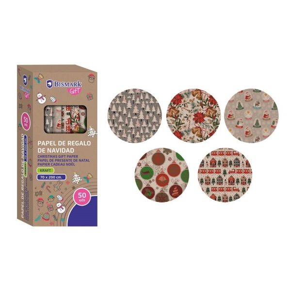 Bismark Kraft Navidad Rollo De Papel Kraft Regalo - Medidas 70Cmx200Cm - 5 Diseños Diferentes