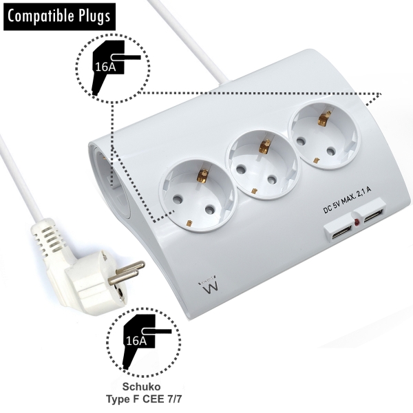 Ewent Regleta De Energia - 5 Enchufes - Version Schuko - 16A -  2 Puertos Usb - Cable De 1.5M - Color Blanco