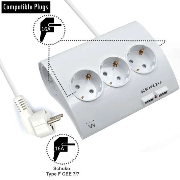 Ewent Regleta De Energia - 5 Enchufes - Version Schuko - 16A -  2 Puertos Usb - Cable De 1.5M - Color Blanco
