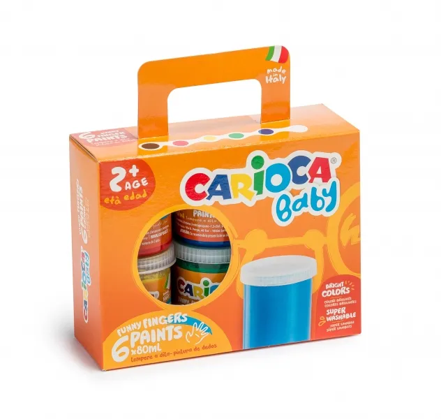Carioca Tempera Baby Pack de 6 Botes de Pintura de Dedos 2+ - Lavable - Atoxica - sin Olor - Maxima Creatividad y Diversion - Color Varios