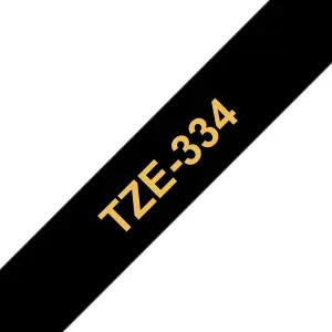 Brother TZe334 Cinta Laminada de Etiquetas 12mm Texto Dorado sobre Fondo Negro 8m