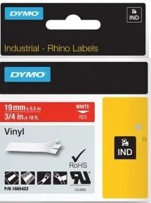 Dymo Cinta De Etiquetas Industrial Adhesiva Id1-19 - Blanco Sobre Rojo - 19Mmx5´5M - Vinilo - Rotuladora Rhino