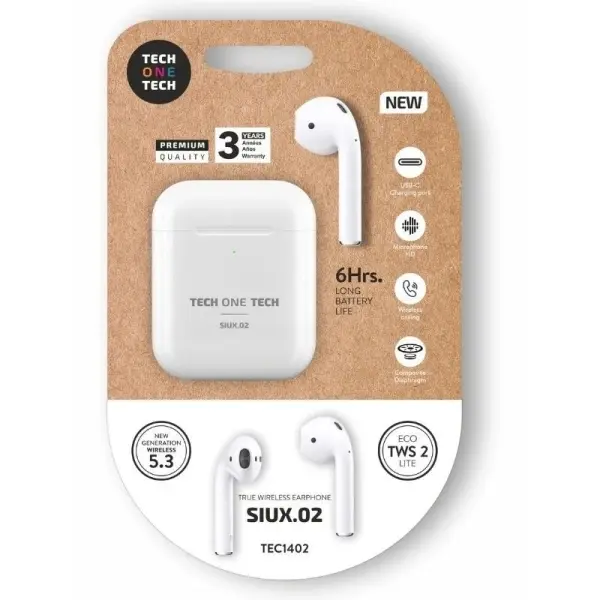 TechOneTech Auriculares Inalámbricos Bluetooth TWS SIUX.02 - 20h Reproducción - IPX5 - Blanco