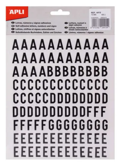 Apli Letras Adhesivas Mayúsculas 15mm - Pack de 4 Hojas con 468 Letras - Negro