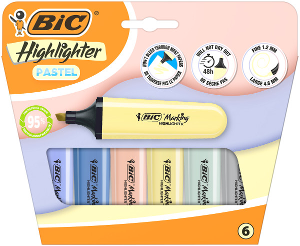 Bic Marking Highlighter Flat Pastel Mineral Pack De 6 Marcadores Fluorescentes - Punta Biselada - Trazo Entre 1.20 Y 4.60 Mm - Tinta Con Base De Agua - Colores Pastel Mineral Surtidos