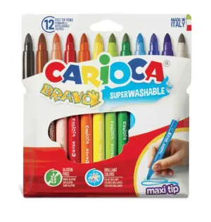 Carioca Bravo Pack de 12 Rotuladores Superlavables Punta Maxi 6mm Colores Surtidos