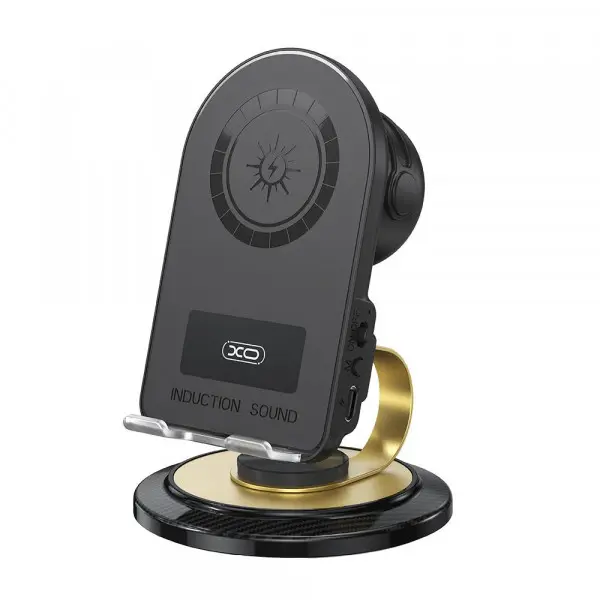 XO F69 Soporte para Smartphone con Altavoz, Carga Inalámbrica 15W, Bluetooth 5.1, 360º Giratorio, Negro