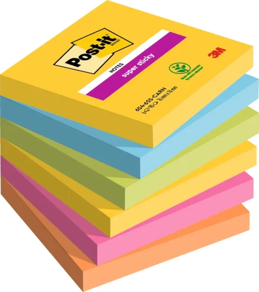 Post-it Super Sticky Pack de 6 Blocs de 90 Notas Adhesivas Reposicionables 76x76mm Colores Surtidos