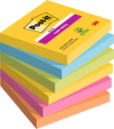 Post-it Super Sticky Pack de 6 Blocs de 90 Notas Adhesivas Reposicionables 76x76mm Colores Surtidos