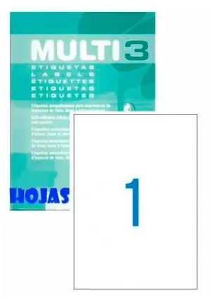 MULTI-3 ETIQUETAS ADHESIVAS 210X297 INKJET/LÁSER C/RECTOS 1 X 100 H BLANCO