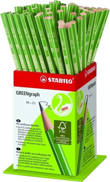 Stabilo Greengraph Expositor Con 60 Lapices De Grafito - Mina Hb 2.2Mm - 100% Madera Cultivada De Forma Sostenible - Cuerpo De Color Verde