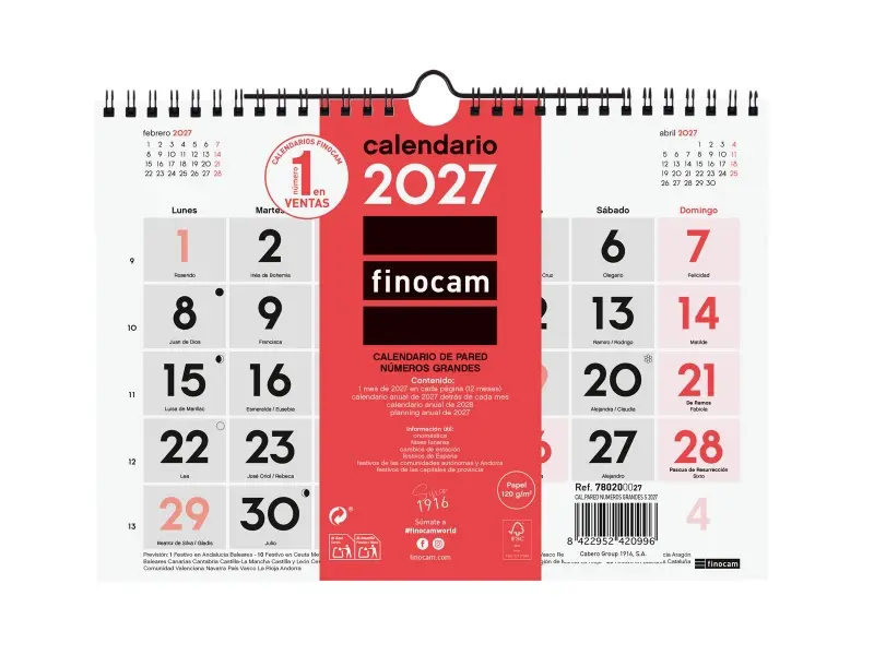 Finocam Calendario de Pared Anual 2027 Mes Vista Formato S 210x150mm Espiral Doble Rojo y Blanco