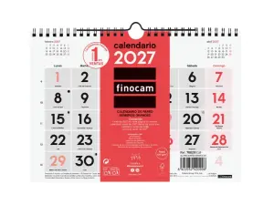 Finocam Calendario de Pared Anual 2027 Mes Vista Formato S 210x150mm Espiral Doble Rojo y Blanco