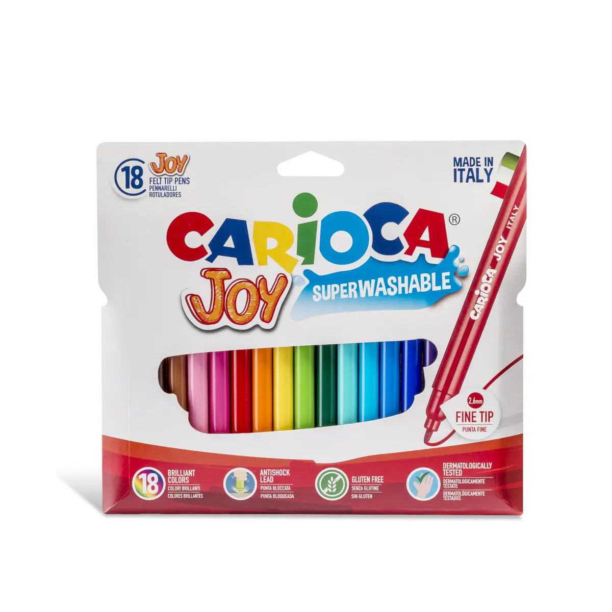 Carioca Joy Pack de 18 Rotuladores - Tinta Superlavable - Punta Fina 2.8mm - Bloqueada - Tapa Ventilada - Color Varios