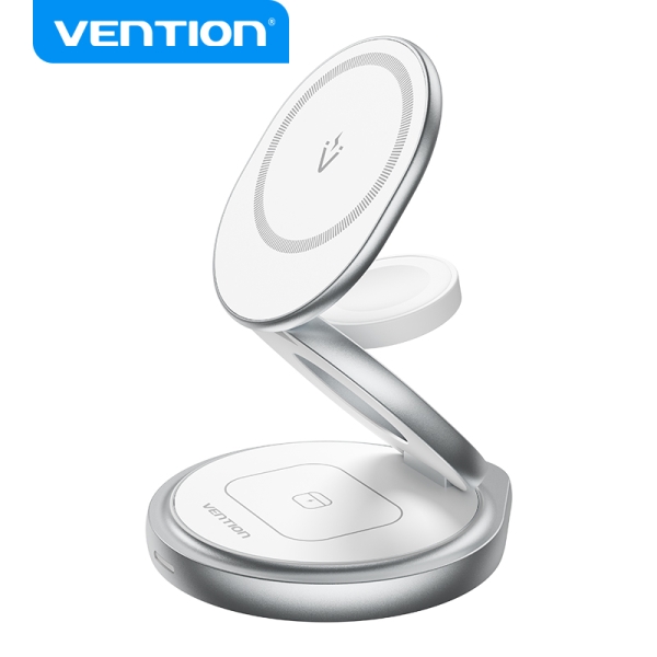 Vention Soporte De Cargador Inalambrico 3 En 1 Con Magsafe - Carga Rapida - Rotacion 360° - Proteccion De Ocho Capas - Color Blanco