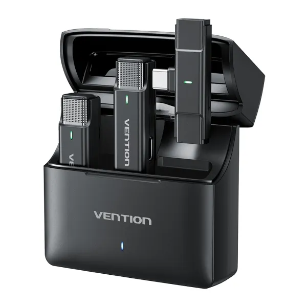 Vention Micrófono Clip Inalámbrico USB-C con Cancelación de Ruido, 30h Batería, 300m Rango, Negro