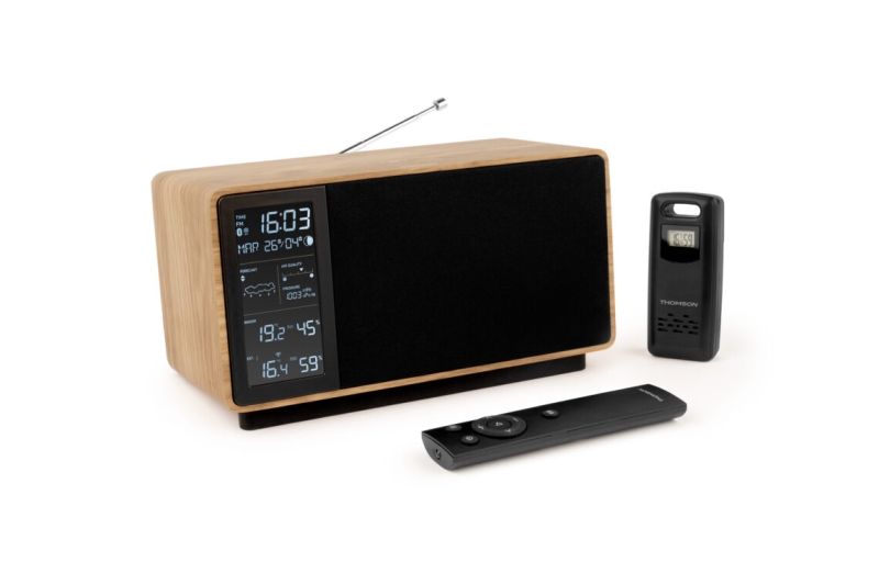 Thomson Altavoz Bluetooth Con Estacion Meteorologica Y Radio Fm - Potencia Musical 50W - Pantalla Retroiluminada - Sonda Exterior Inalambrica - Color Madera Y Negro