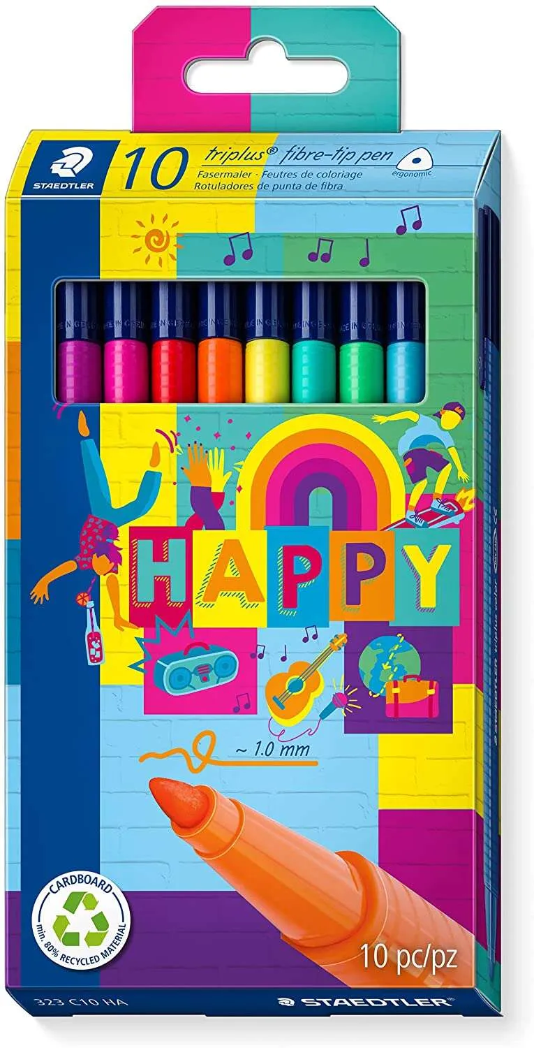 Staedtler Triplus Color 323 Pack De 10 Rotuladores De Punta Fina - Trazo 1Mm Aprox - Tinta Base De Agua - Colores Surtidos
