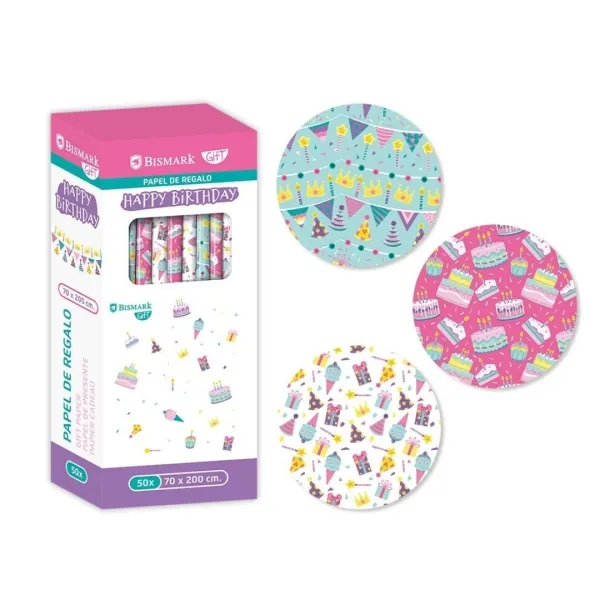 Bismark Happy Birthday Rollo De Papel Regalo - Medidas 70Cmx200Cm - 3 Diseños Diferentes