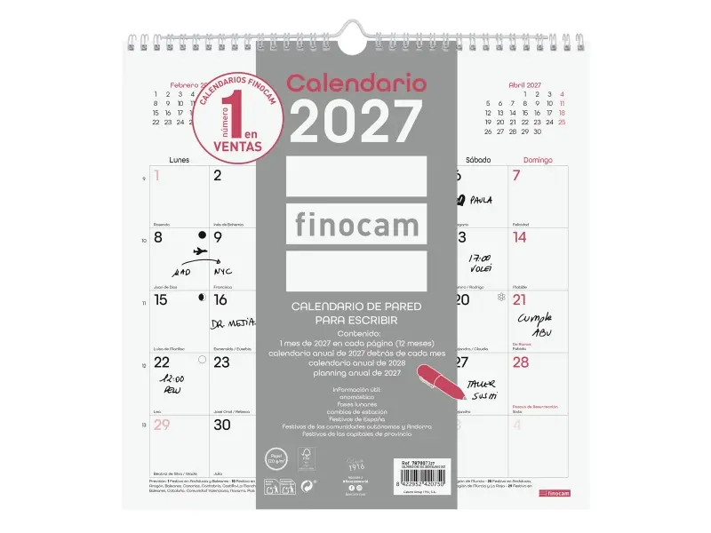 Finocam Chic Calendario de Pared Anual 2027 Mes Vista 300x300mm Espiral Doble