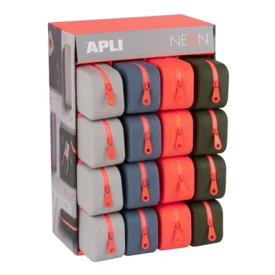 Apli Expositor Neon 16 Estuches Silicona Rectangular Cremallera Repelente Agua 75x185x55mm Colores Surtidos