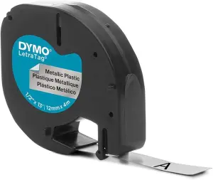 Dymo Cinta 91208 Negra Sobre Plata Metalizada 12mm x 4m para Rotuladora LetraTag