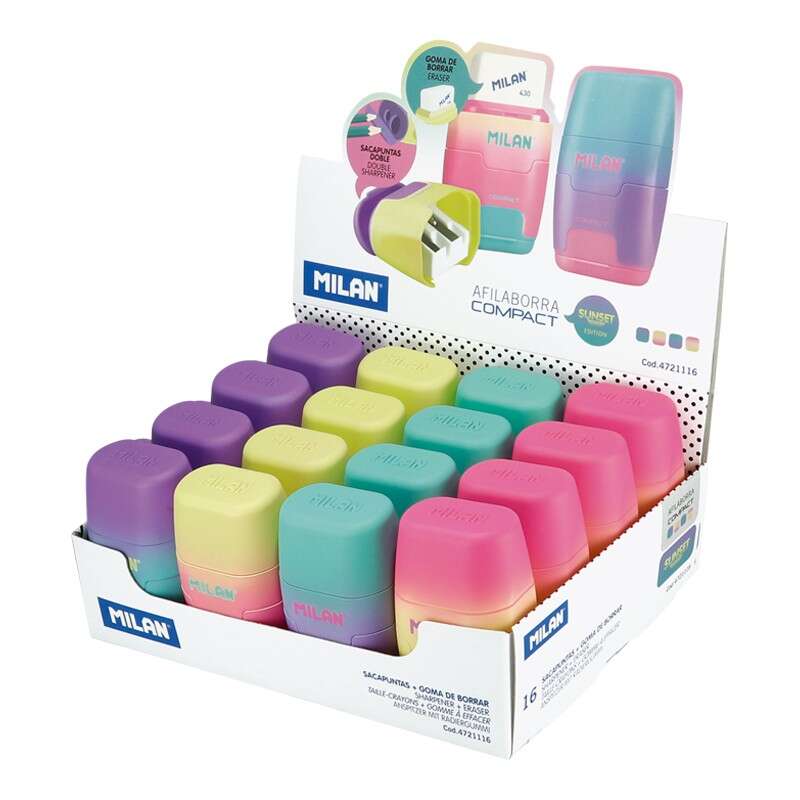 Milan Compact Sunset Expositor De 16 Afilaborras - Uso Estandar Y Maxi - Cuchilla De Acero  - Goma De Borrar - Cuchilla De Seguridad - Colores Surtido