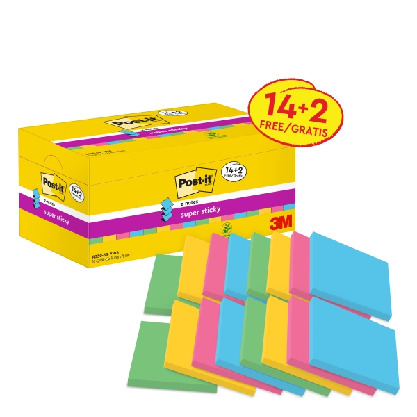 Post-It Super Sticky Pack De 16 Blocs De 90 Notas Adhesivas Reposicionables - Forma Cuadrada - 76X76Mm - En Zig-Zag - Colores Surtidos