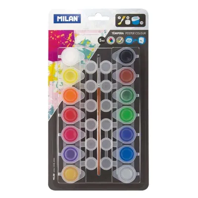 Milan Pack De 14 Tarros De Tempera 5 Ml + 12 Botes Para Mezclas + 1 Pincel Serie 101 - Secado Rapido - Mezclable - Colores Surtidos