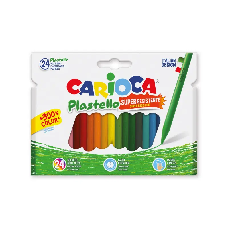 Carioca Plastello Pack de 24 Plasticeras Extra Limpias - No Dejan Color en las Manos - Duran Tres Veces Mas - Colores Brillantes y Lavables - Faciles de Afilar - Colores Surtidos