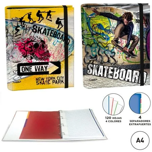 Senfort Carpeta Anillas 4X30Mm Ringbook C/Recambio 120H A4 C/Goma 4 Separadores Skateboard Surtido