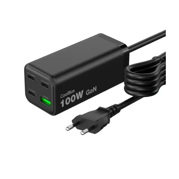 CoolBox Cargador GAN 100W Chargemaster 4 PRO - 3xUSB-C, 1xUSB-A, Carga Rápida 3.0, Power Delivery, Cable 1.5m, Negro
