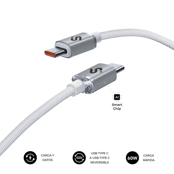 Subblim Cable Optimus Usb-C - 60W - Nylon Trenzado - 480Mbps - 2 Metros - Color Blanco
