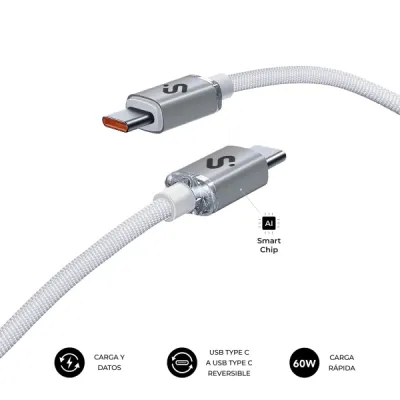 Subblim Cable USB-C 60W Nylon Trenzado 2 Metros Blanco 480Mbps